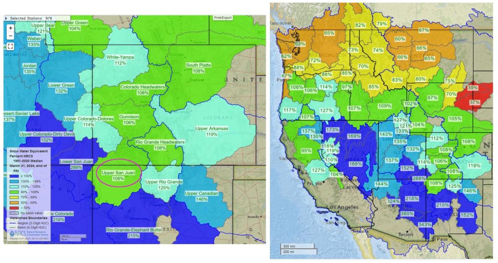 Pagosa Weather MARCH SUMMARY & April Outlook 8 Colorado snowpack on the left and West US on the right on 31 March 2024
