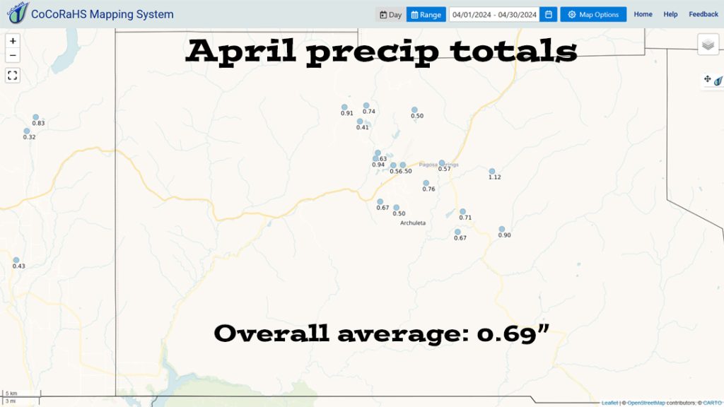 Pagosa Weather APRIL SUMMARY & May Outlook 3 CoCoRaHS precip totals ranged from 0.41″ to 1.12″. All locations measured less than the average of 1.38″.