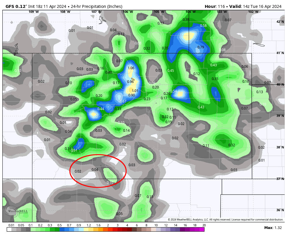 GFS 24-hour precip 8am Monday to 8am Tuesday shows 0.04” near Pagosa, 0.10” near Chama, 0.02” near Bayfield, and up 0.20” in our mountains. This looks reasonable to me.