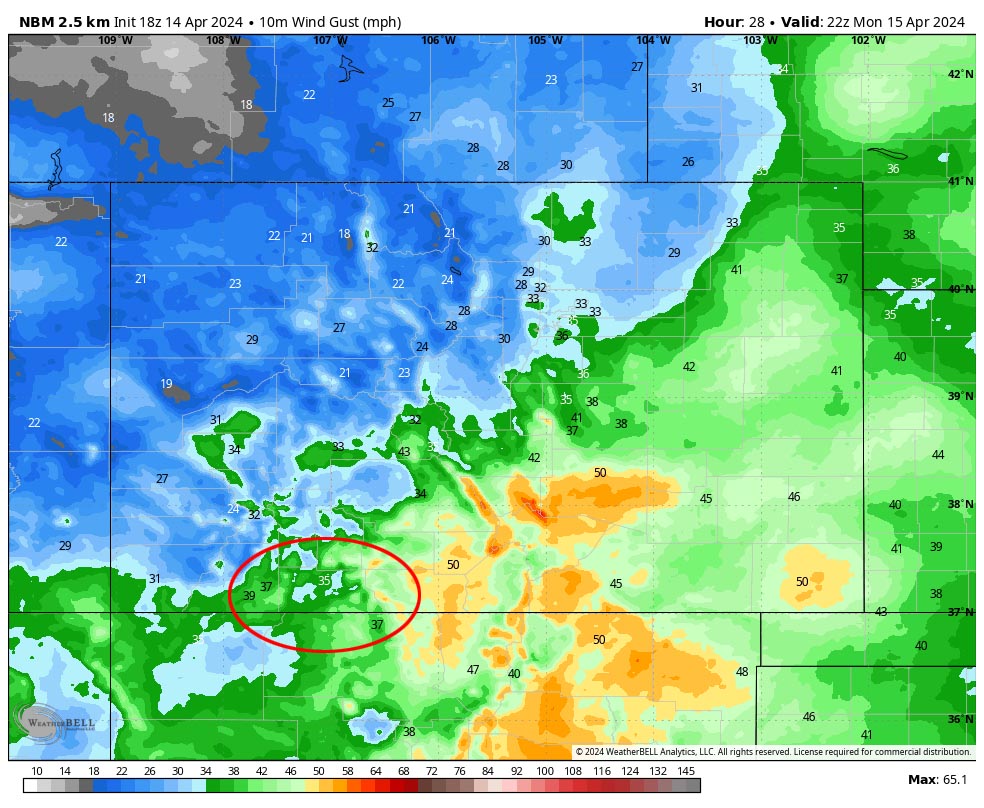 NBM wind gusts at 4pm Monday shows 35mph near Pagosa, over 50mph along our mountain ridges, and 50mph near Alamosa.