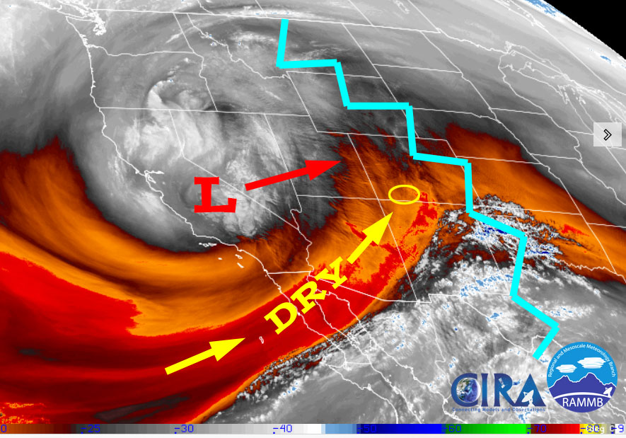 Water vapor satellite this afternoon … The ridge, jagged blue line, has moved to our east. Dry southwest flow is moving into our area ahead of the low.  The low will track to our north so we’ll hardly get any precip.