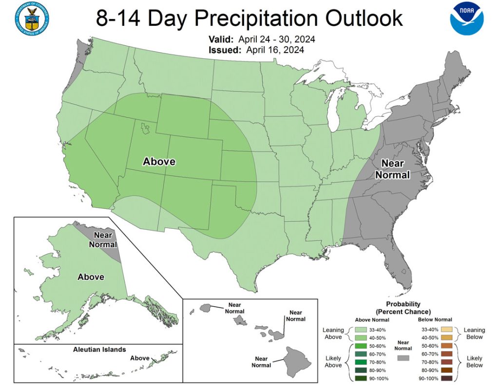 The Climate Prediction Center 8-14 day precip outlook for 24-30 Apr is leaning toward above average precip for our region.