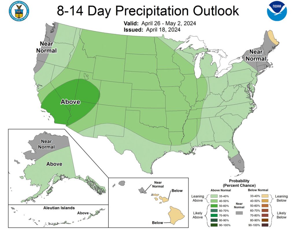 The Climate Prediction Center 8-14 day precip outlook for 26 Apr to 2 May is leaning toward above average precip for our region.