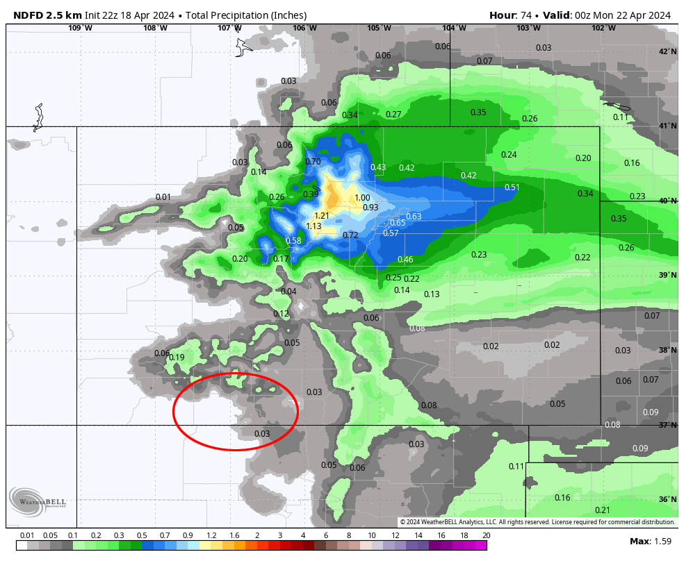NWS precip to Sunday evening shows a little precip along the mountains and up to 0.15” along The Divide.