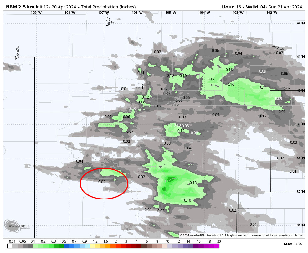 Spotty raindrops this afternoon – might see snow next weekend … 4 NBM precip to 10pm Saturday shows 0.02” near Pagosa, a little more closer to the mountains, and up to 0.15” in our northern mountains. Precip will be spotty. I expect most of us to stay dry.