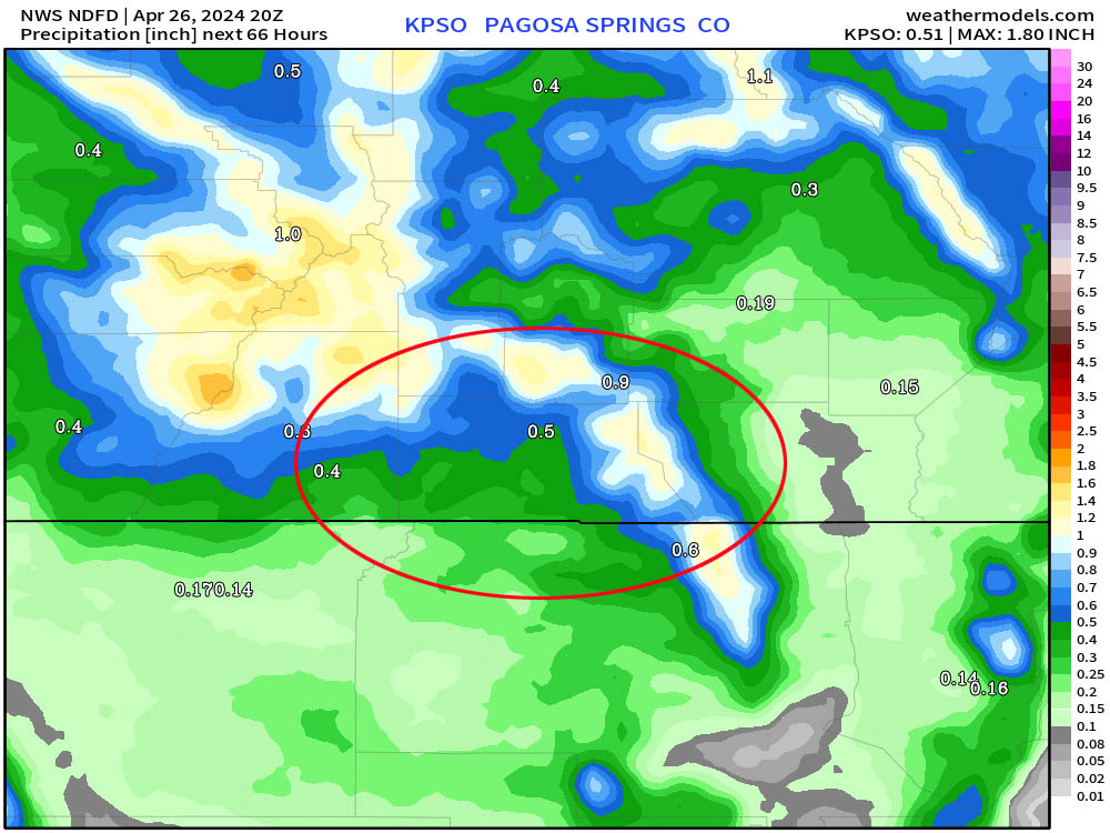 The NWS forecast precip model zoomed into our area shows 0.50” near Pagosa, 0.60” near Chama, 0.40” near Bayfield, 0.90” near Wolf Creek, and up to 1.5” along The Divide.