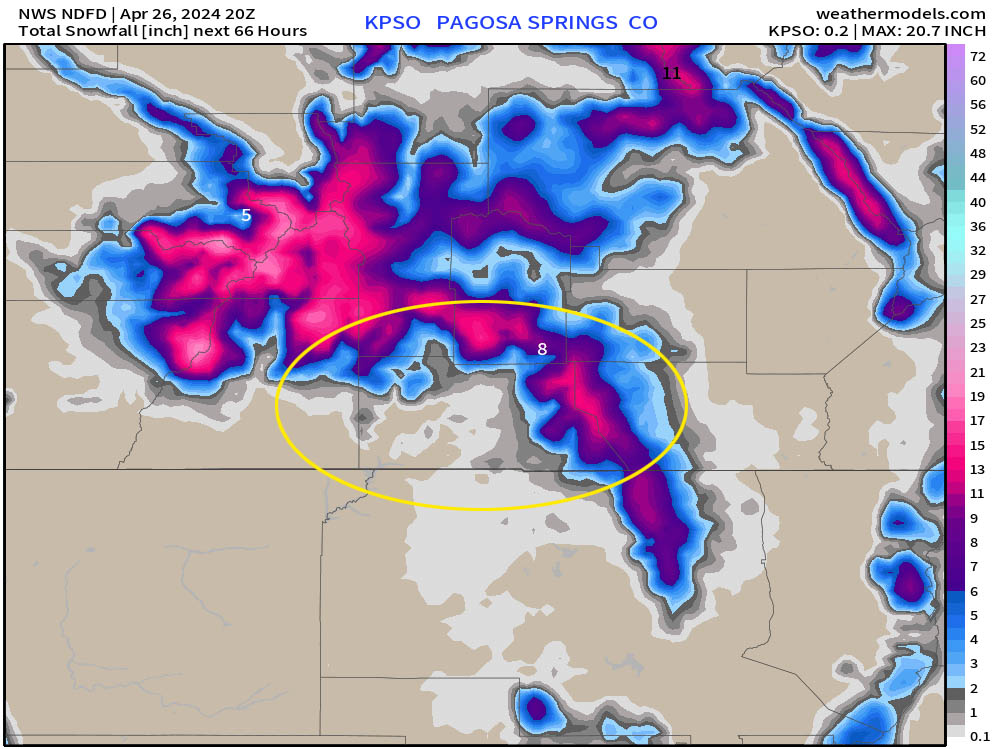 The NWS snow forecast model zoomed into our area shows a dusting below 7,600ft, up to 2” along the mountains, 8” for Wolf Creek Pass, and up to 12” along The Divide.