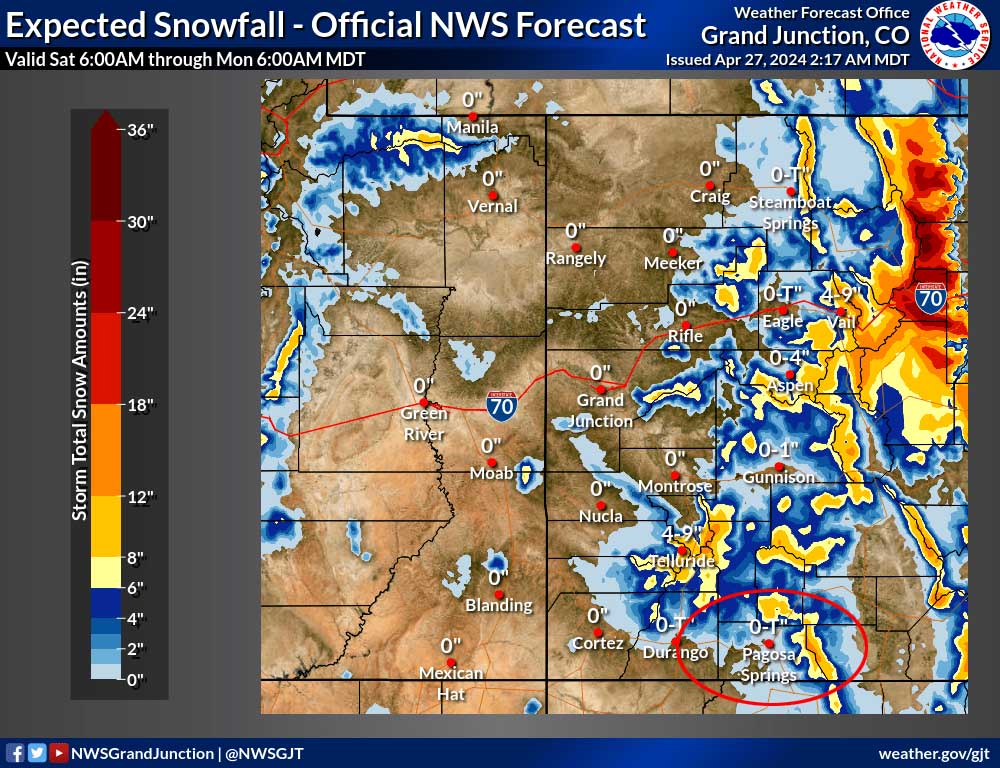 NWS official snow forecast to 6am Monday shows a trace for Pagosa, up to 1” along the mountains, and 6-8” near Wolf Creek Pass.