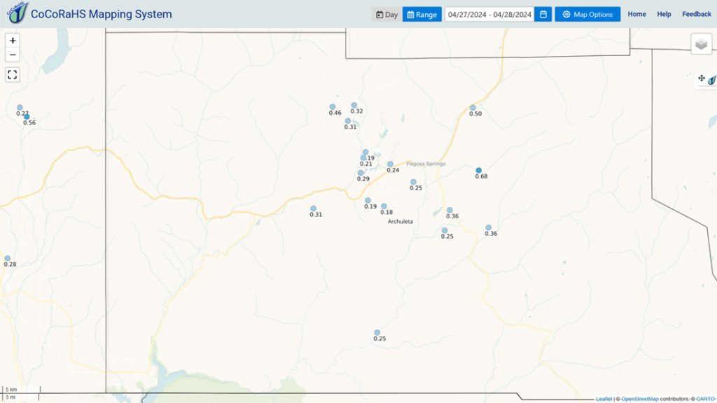 CoCoRaHS 2-day precip reports range from 0.19” to 0.68”