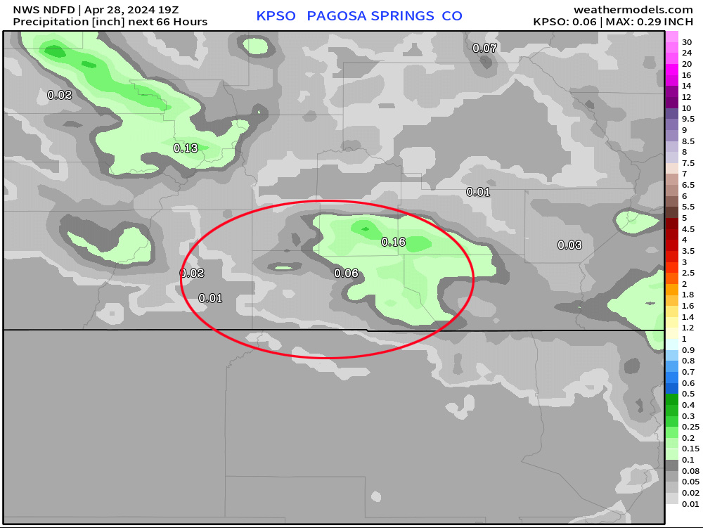 The NWS forecast precip model zoomed into our area shows 0.06” near Pagosa, 0.01” near Bayfield, 0.16” near Wolf Creek, and up to 0.20” along The Divide. *** This will be spotty convective precip so amounts will vary considerably. ***