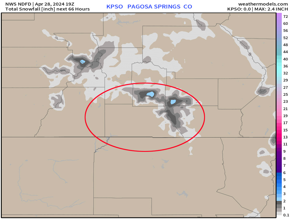 The NWS snow forecast model zoomed into our area shows nothing in the Pagosa area, and 1-2” in our mountains.