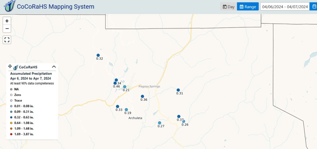 Perfect Day to get Out with the Pups! 1 7 Apr 24 CoCorahs precip