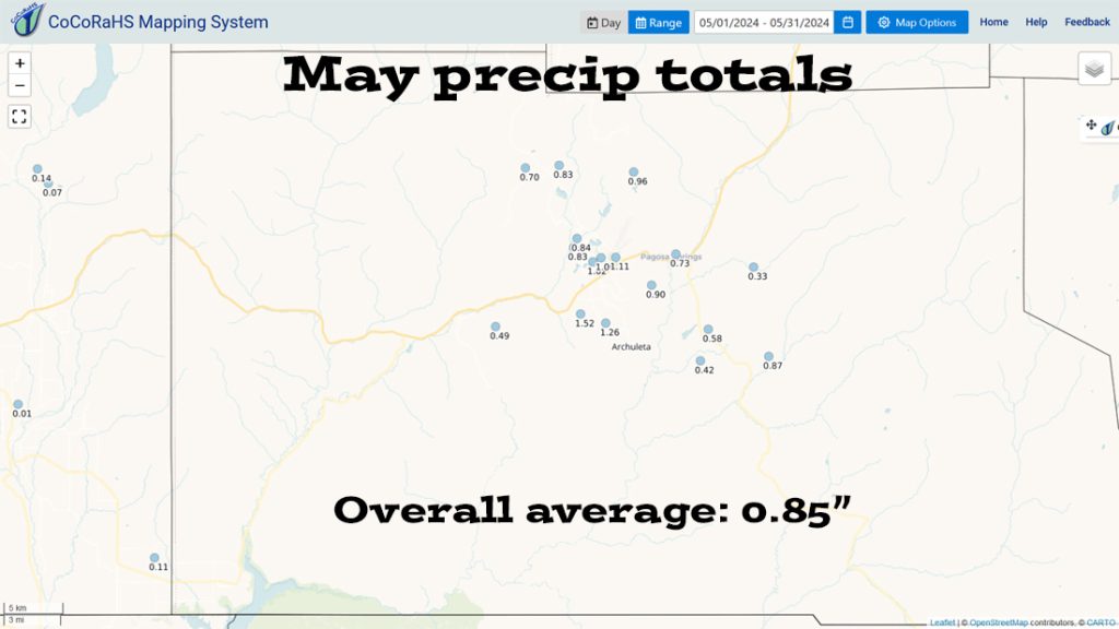 CoCoRaHS precip totals ranged from 0.33″ to 1.52″. 15 out of 17 locations had less than the average of 1.26″.