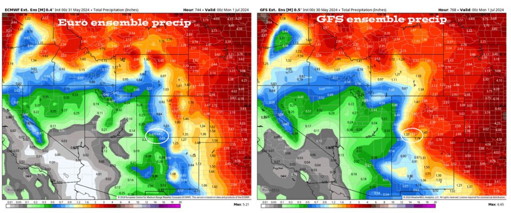 Euro ensemble precip on the left expects 0.64″ of precip for June and the GFS ensemble precip on the right expects 1.83″ – The Euro expects less than the average of 0.93″ while the GFS expects nearly double the average.