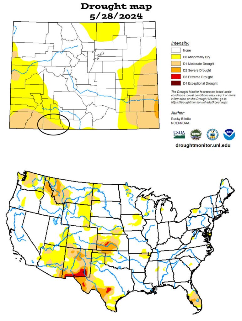 The Colorado drought map is on top. More of Archuleta County is rated “moderate drought” compared to a month ago.
