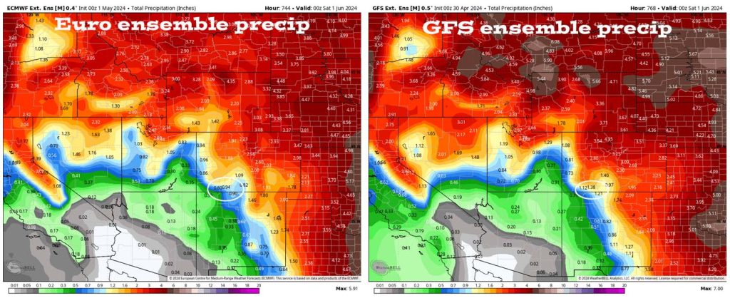 Pagosa Weather APRIL SUMMARY & May Outlook 15 Euro ensemble precip on the left expects 0.94″ of precip for May and the GFS ensemble precip on the right expects 1.38″ – The Euro expects less than the average of 1.26″ while the GFS is close to average.