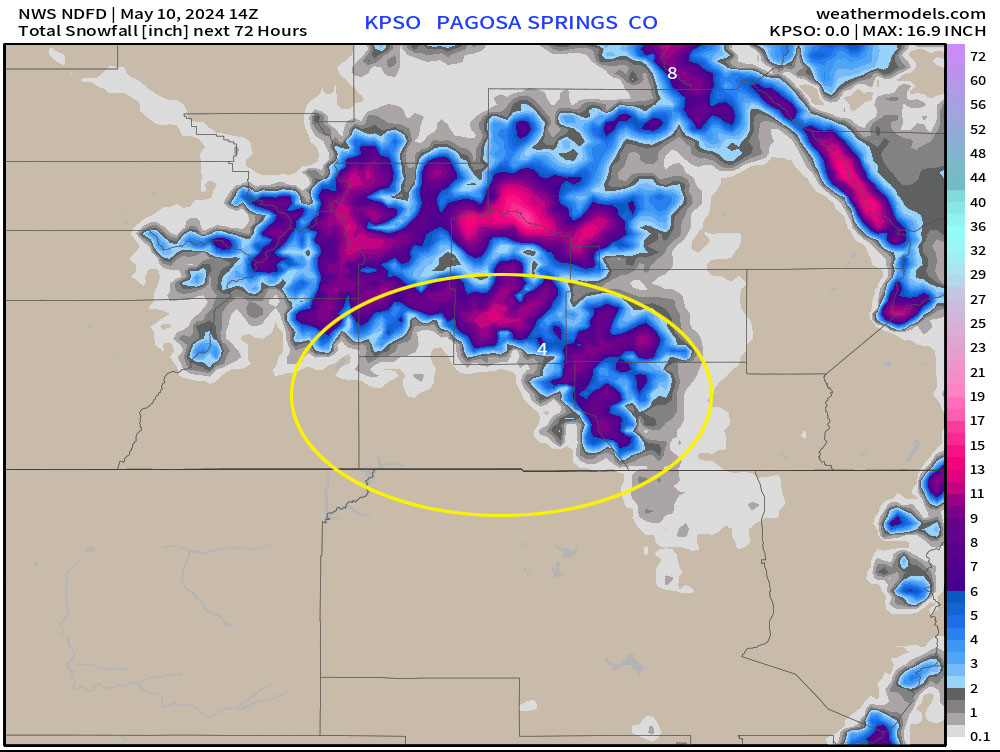 The NWS 72-hour forecast model for snow zoomed into our area shows snow above 9,000ft. Near Wolf Creek Pass 4-6” is possible, and up to 12” is possible along the higher peaks.
