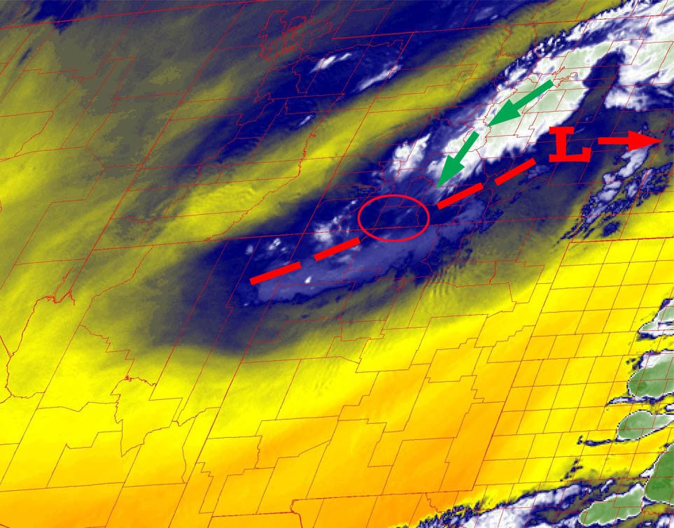 Water vapor satellite this morning – The low has moved to our east, but the trough was over our heads this morning. Upper-level flow, green arrows, is currently out of the northeast, but will gradually turn more northerly through the day.  There’s enough moisture and instability to kick up scattered showers and thunderstorms this afternoon.
