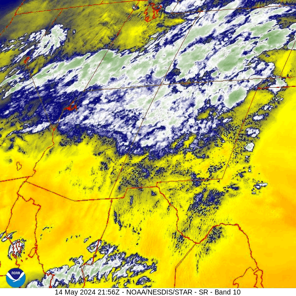 Spotty afternoon showers and thunderstorms through Thursday … 2 Water vapor satellite loop this afternoon – It’s pretty active across the region with showers and a few thunderstorms.