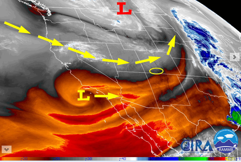 Water vapor satellite this afternoon – Upper-level flow across the western US is flat, west to east.  The weak low off the southern CA coast will dissipate completely as it moves towards AZ.