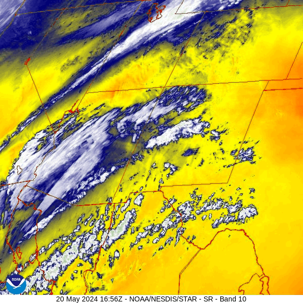 Water vapor satellite loop around noon on Monday – There is a trough to our north and another to our southwest.  The trough to the southwest will move through our area late this evening.  Clouds will increase this afternoon and a few scattered showers are possible.