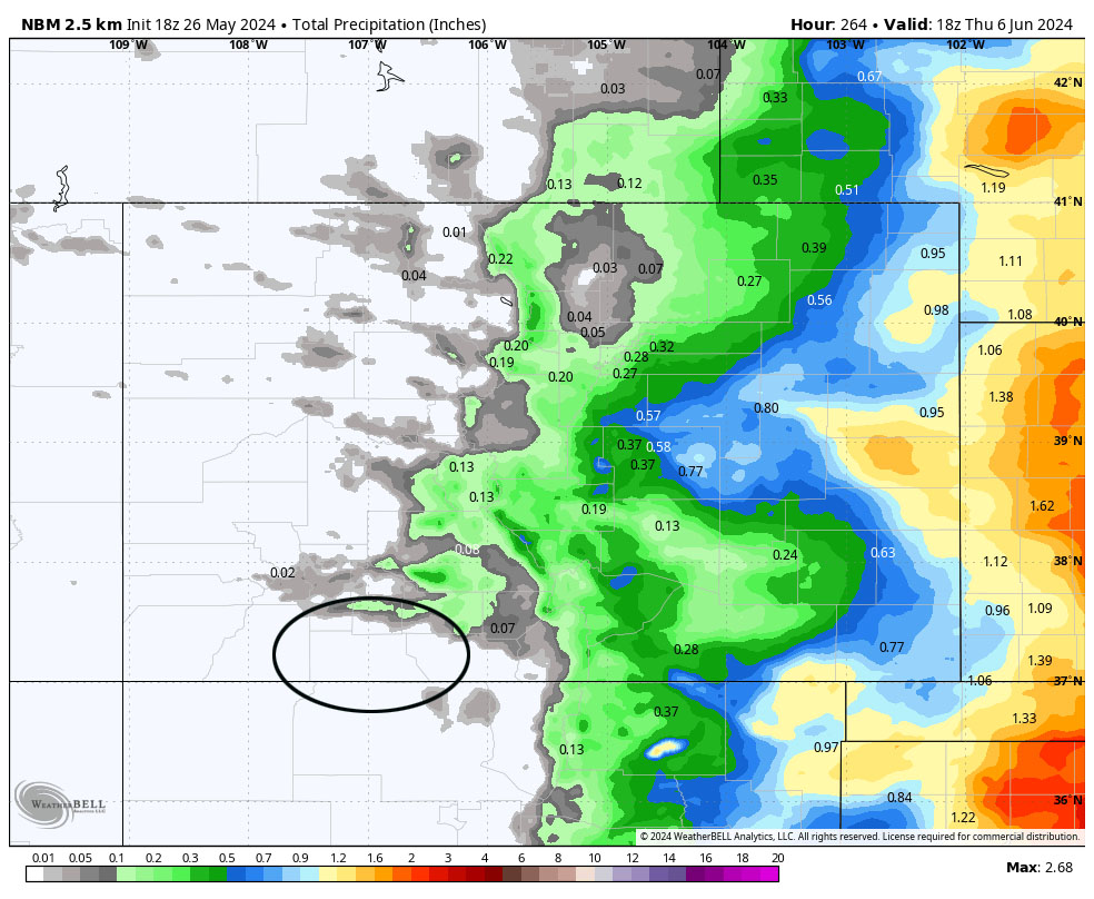 Lots of sun and warm temps… 2 NBM precip to noon on 6 June shows no precip in Archuleta County. A few spotty raindrops are possible, but I don’t expect any significant precip.