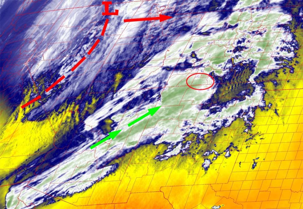 Water vapor satellite this afternoon – There is strong upper-level southwest flow across the region. The low-pressure system is over northern NV and moving east. The clouds over our area are mostly mid and high-level clouds with hardly any precip.