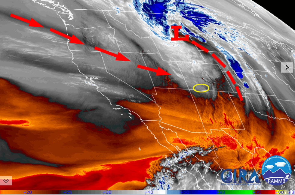 Strong winds Tuesday afternoon … 1 Water vapor satellite this afternoon – The cold front is well to our east. Strong upper-level flow out of the west and northwest will keep our winds gusty through tomorrow evening.