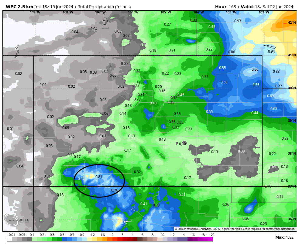 Warm and dry with breezy afternoons through Wednesday… 4 WPC precip to Saturday shows 0.81” in the Pagosa area. Right now this looks reasonable, however, amounts vary considerably between forecast models:
NBM: 0.61 Euro: 1.52” GFS: 1.31” Canadian: 3.04” yeah right!
Euro ensemble: 1.30” GFS ensemble: 1.09” Canadian ensemble: 1.04”
At this point, I think most of the models are overdoing precip so I’m leaning towards the low end with the NBM and WPC. Even the lowest amount of 0.61” is a good soaking this time of year!