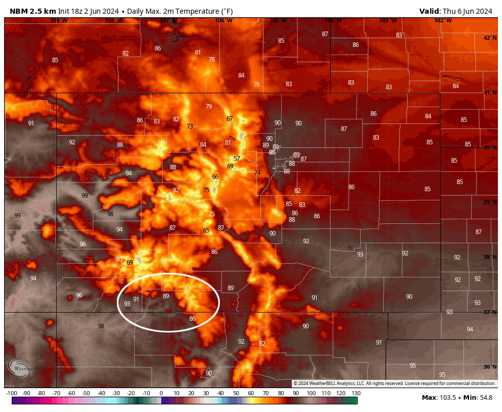 NBM high temp forecast for Wednesday afternoon is 89 degrees for Stevens Field. It will be in the low 90s in downtown Pagosa and mid-90s in Arboles.