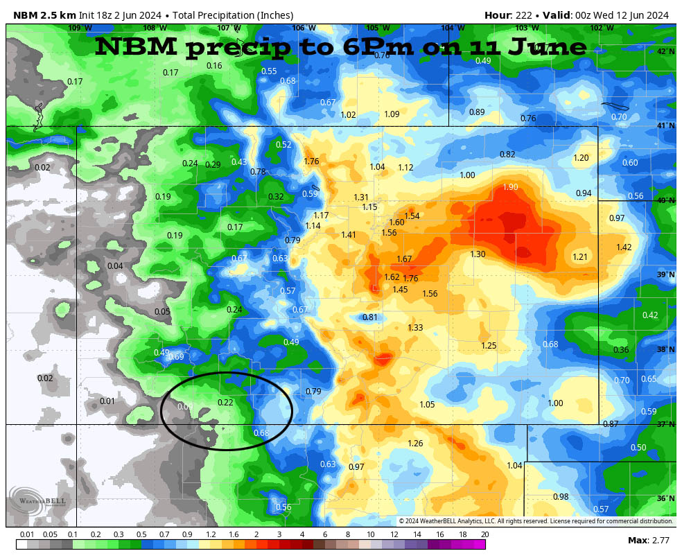 NBM precip to 6pm on 10 June shows 0.22” near Pagosa and up to 0.80” in the south San Juan mountains.  It’s all from spotty afternoon showers so amounts will vary considerably.