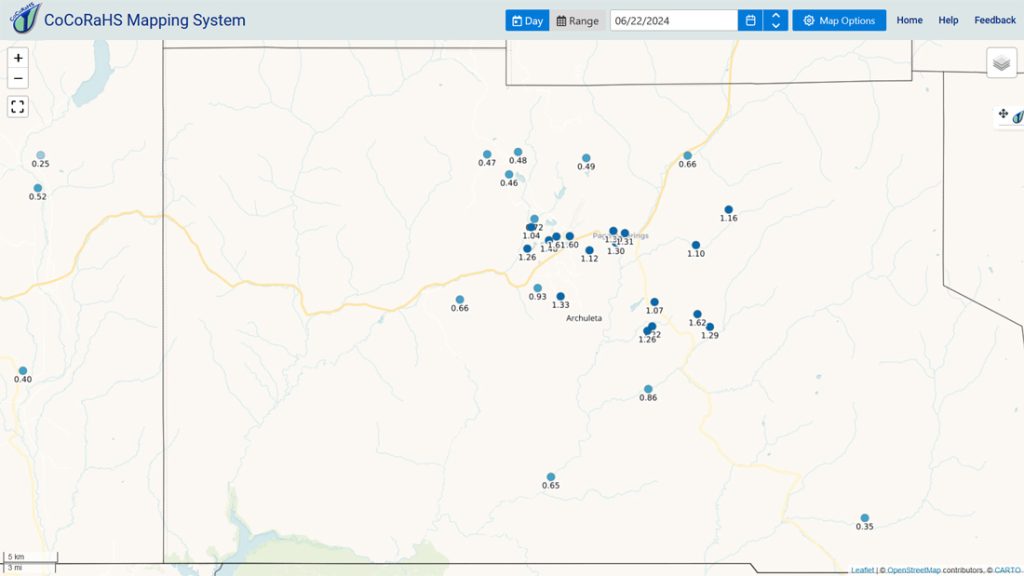 Spotty afternoon showers and thunderstorms for a while… 1 CoCoRaHS 24-hour precip reports range from 0.35” to 1.62”. The big rain lottery winner was Udgar on Catchpole.