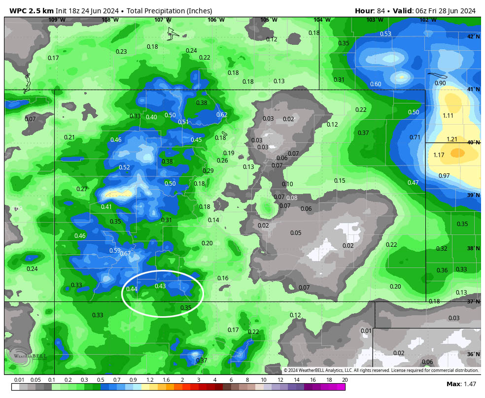 Best chance for showers and thunderstorms is Thursday and Sunday… 3 WPC precip to late Thursday evening shows 0.43” in the Pagosa area. Most of this is expected to fall between 6pm Wednesday and 6pm Thursday.