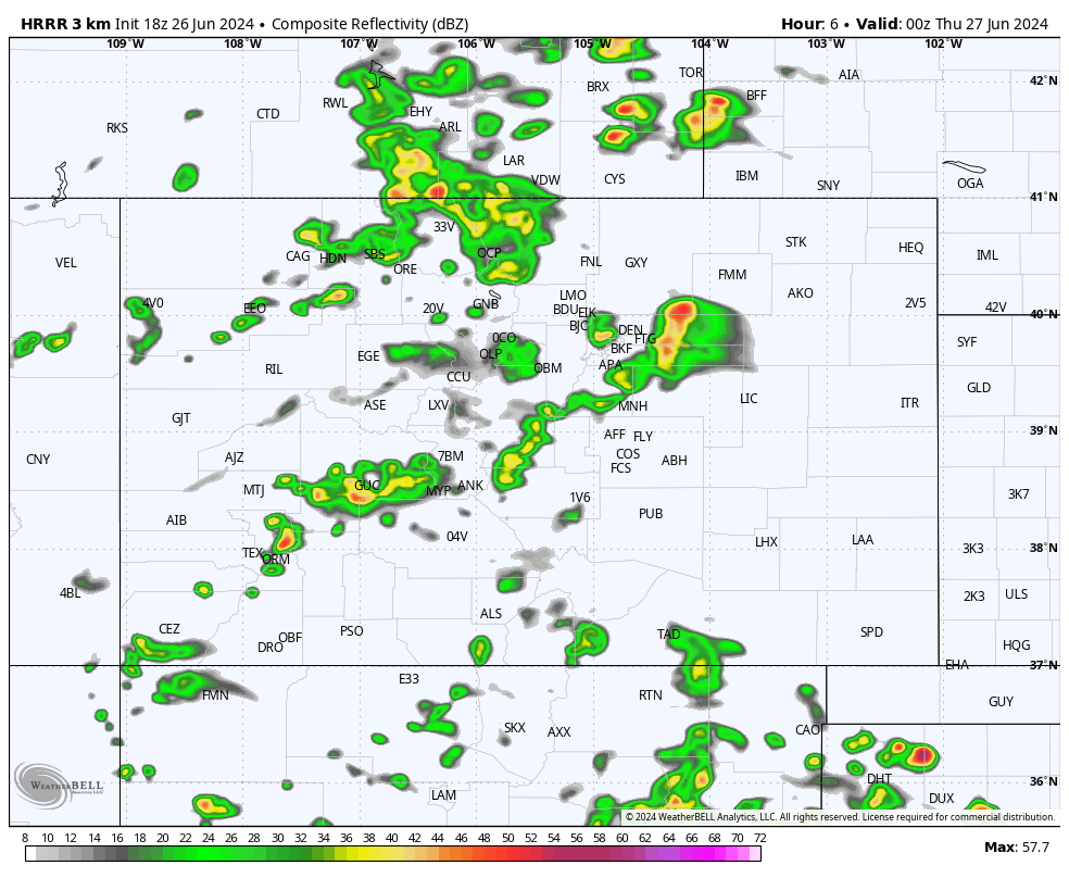 Flood Watch for Thursday – Another good chance for rain Monday and Tuesday… 3 HRRR forecast radar from 6pm Wednesday evening to late Thursday evening – Scattered light showers are possible most of the night. A good band of showers and thunderstorms is possible Thursday afternoon and then another one later in the evening.