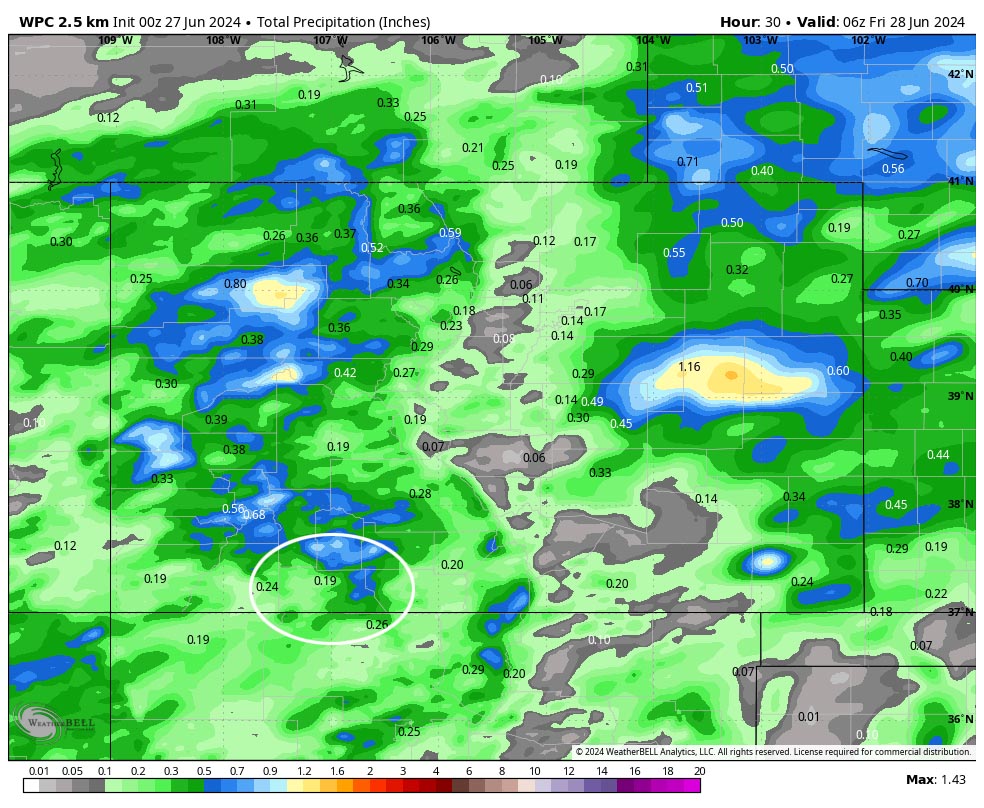 Flood Watch for Thursday – Another good chance for rain Monday and Tuesday… 4 WPC precip to late Thursday evening shows 0.19” in the Pagosa area. This all convective, showery precip so amounts will vary considerably.