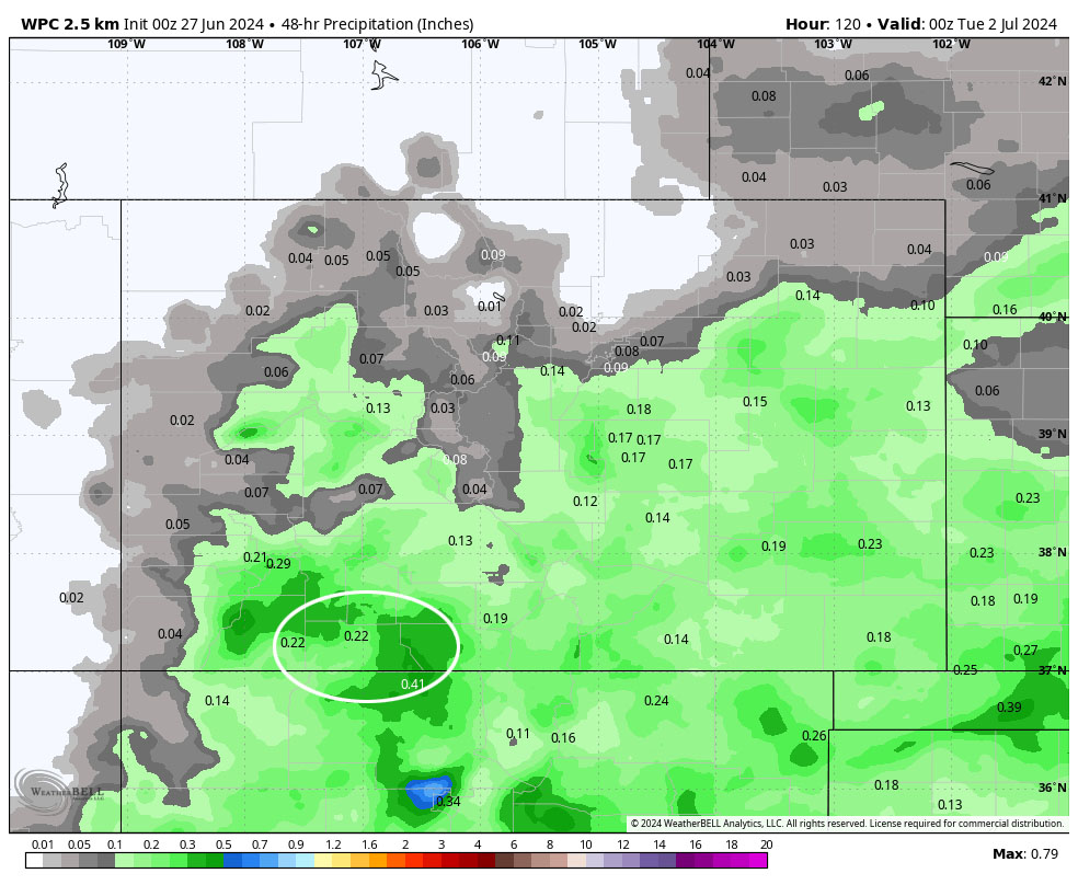 Flood Watch for Thursday – Another good chance for rain Monday and Tuesday… 5 WPC 48-hour precip from Saturday at 6pm to Monday at 6pm shows 0.22” in the Pagosa area. Most of this is expected between Sunday afternoon and Monday afternoon. It’s all convective, showery precip so amounts will vary considerably.
