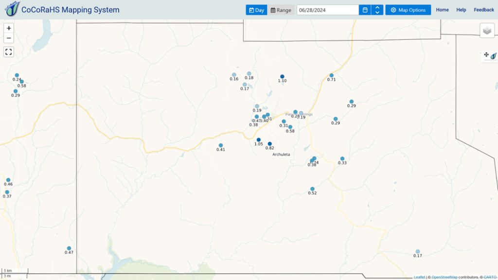 CoCoRaHS 24-hour precip reports ranged from 0.16” to 1.10”. Frank was the big rain lottery winner in Hidden Valley.