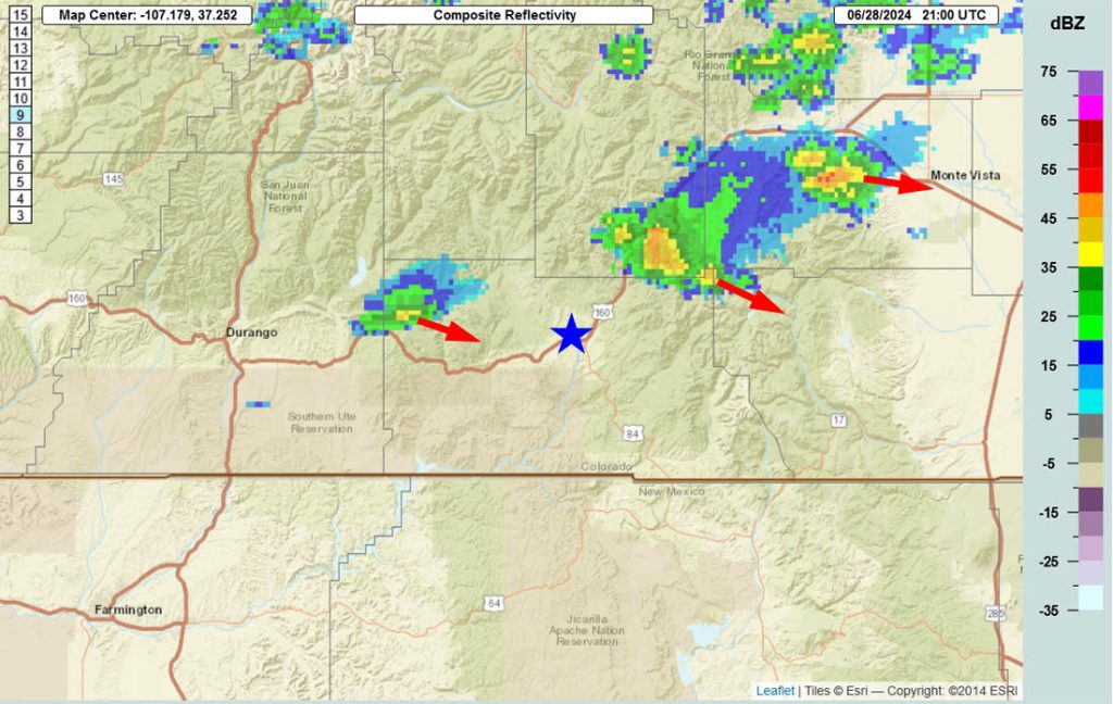 Radar this afternoon at 3pm – A couple of cells have popped up this afternoon. The cells are moving slowly towards the east-southeast and are capable of producing a brief period of heavy rain, small hail, gusty winds, and lightning.