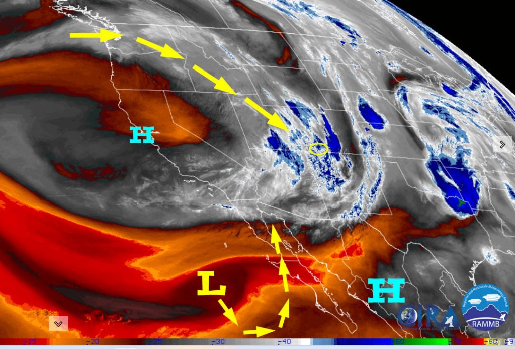 Water vapor satellite this morning – Upper-level northwest flow is pushing a lot of mid and high clouds into our area today. A high is just beginning to build over central CA. That will move east and get stronger in our area Wednesday and Thursday. Moisture will gradually increase starting Friday as a weak low moves north towards the northern Gulf of CA.