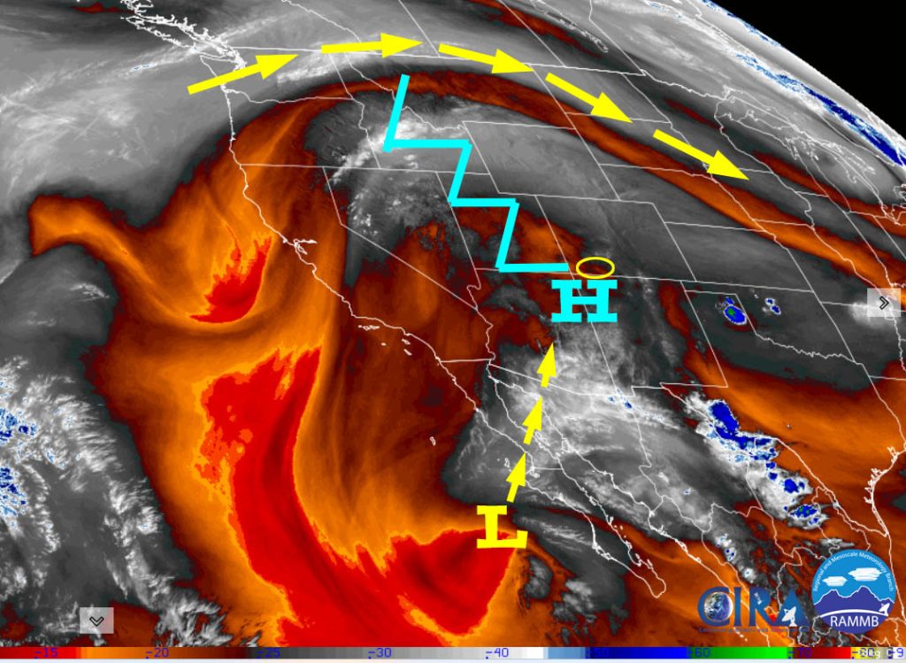 Water vapor satellite this afternoon – High pressure is over the Four Corners area. The weak low off the Mexican coast will move slowly north and continue to weaken. It will help gradually push into the region leading to spotty showers and thunderstorms.