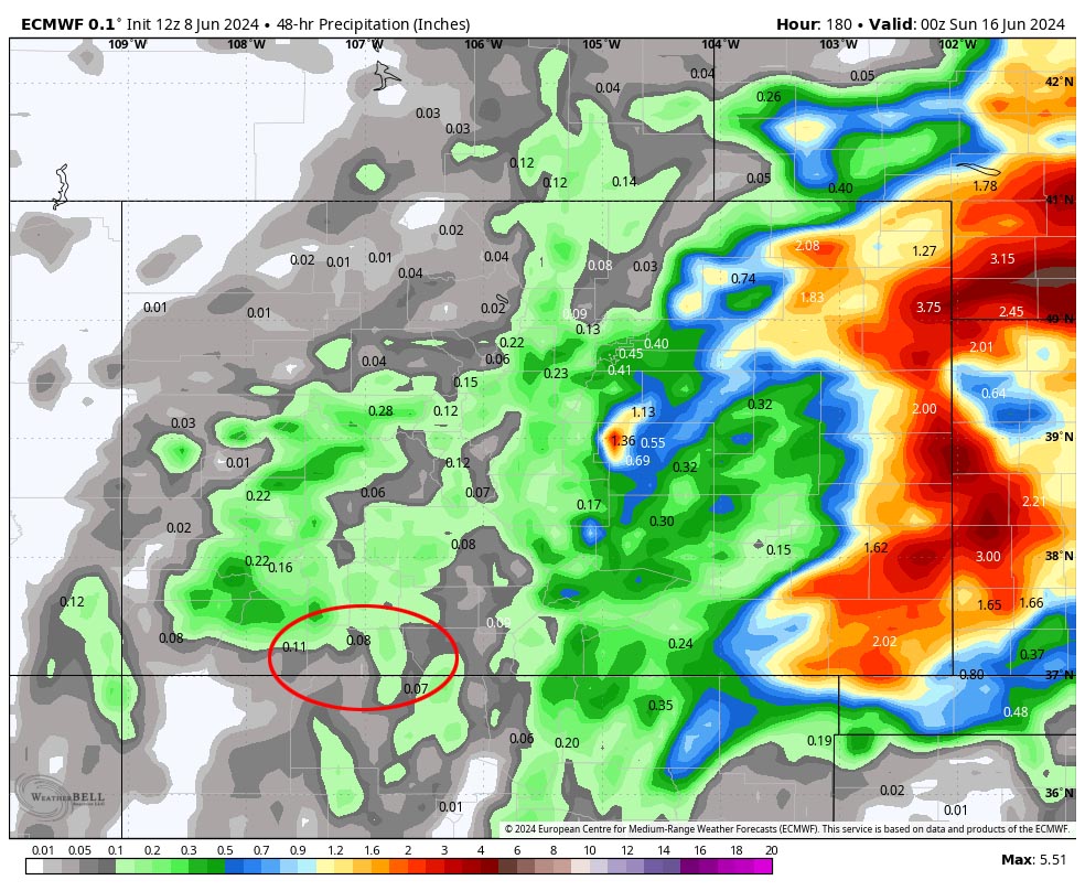 Euro forecast model 48-hour precip for Friday and Saturday shows 0.08” near Pagosa. I’m not expecting much.  It’s all convective showers so amounts will vary.