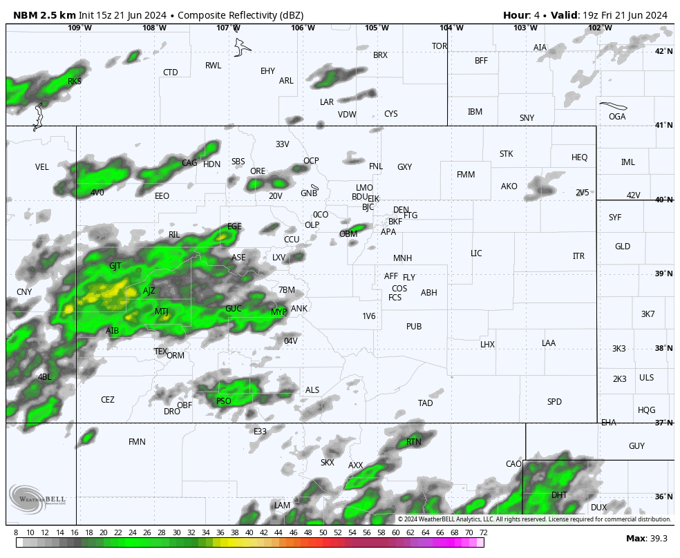 Round 2 of Heavy Showers & Thunderstorms! 5 nbm conus colorado refc 1718982000 1718996400 1719046800 80 Loop