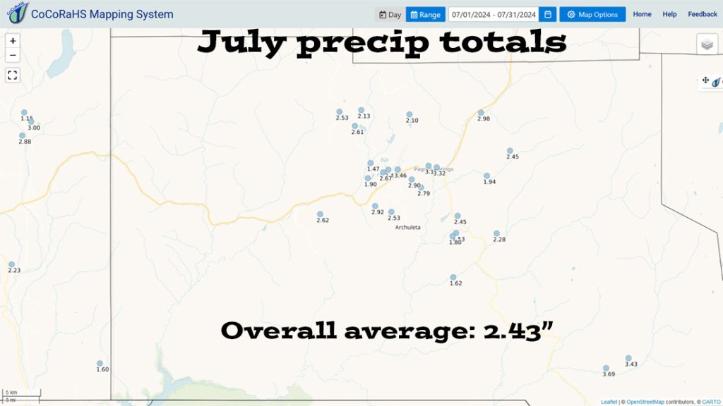CoCoRaHS precip totals ranged from 1.47″ to 3.69″. 20 out of 27 locations had more than the average of 2.01″.