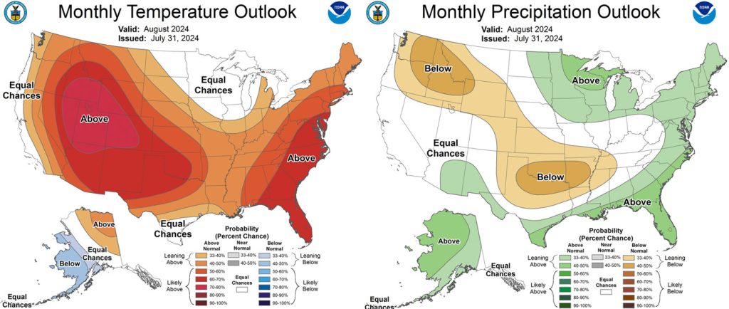The CPC temp outlook for August on the left shows a 70-80% chance for above average temps.
The precip outlook on the right expects “equal chances” for average precip.