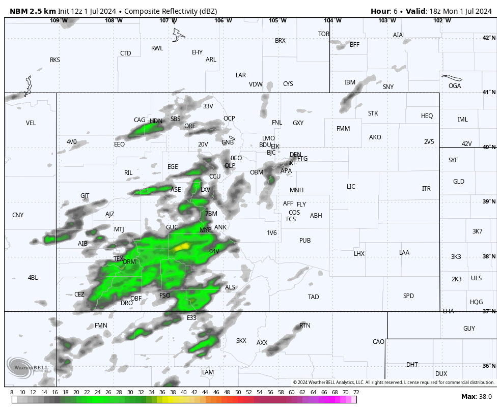 One more wet day and then we’ll dry out for a while… 4 NBM forecast radar from noon Monday to 10am Tuesday – Initially most of the action is over the eastern half of Archuleta County until 4-5pm. It clears through most of the evening, but a few spotty showers persist. Another band of showers moves through 1am-7am and then precip is mostly over.