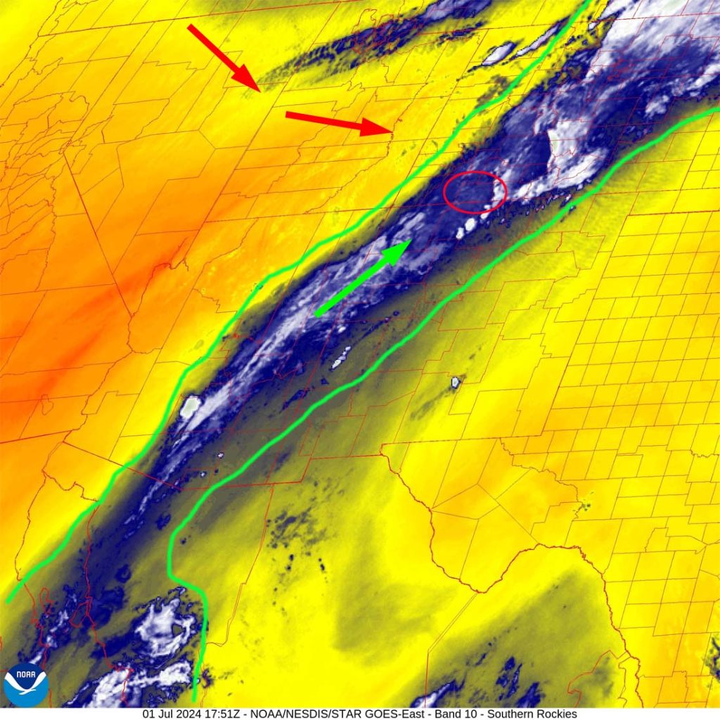 One more wet day and then we’ll dry out for a while… 2 Satellite at noon on Monday – The band of subtropical moisture is slowly getting pinched. It’s over our heads and will stick with us through tonight. Then upper-level westerly flow followed by northwesterly flow will dry us out.