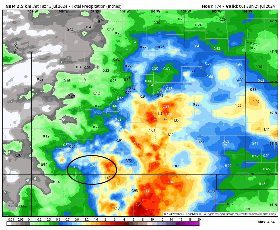“Slow-movers”… 6 NBM precip to 6pm next Saturday evening expects 0.68” in the Pagosa area. Any single storm can drop this amount over a small area. Lucky folks could get 1” during the next week. Amounts will vary considerably. Other forecast models precip total for the same period: Euro: 0.32”, GFS: 1.56”, WPC: 0.43”, Euro AI: 0.34”, Euro ensemble: 0.36”, GFS ensemble: 0.90”, Canadian ensemble: 1.18”.