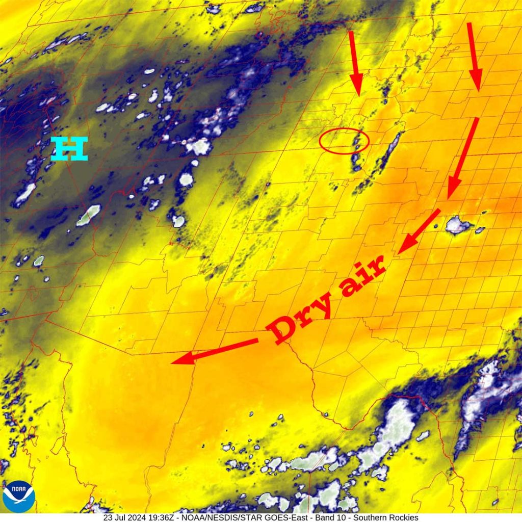 Active through Saturday and then a break… 4 Water vapor satellite at 1:36pm Monday – We are on the eastern edge of the monsoon moisture plume. The best moisture – dark blue - is to our west. Northerly flow around the high – red arrows – has dried us out a bit. Clouds are building over our mountains as I type.
