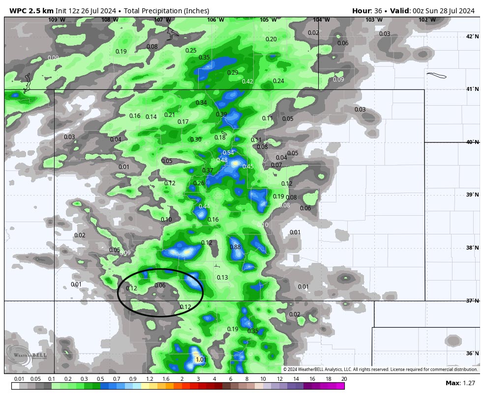 WPC precip to 6pm Saturday evening expects 0.06” in the Pagosa area. Any single storm can drop much more over a small area. Amounts will vary considerably.