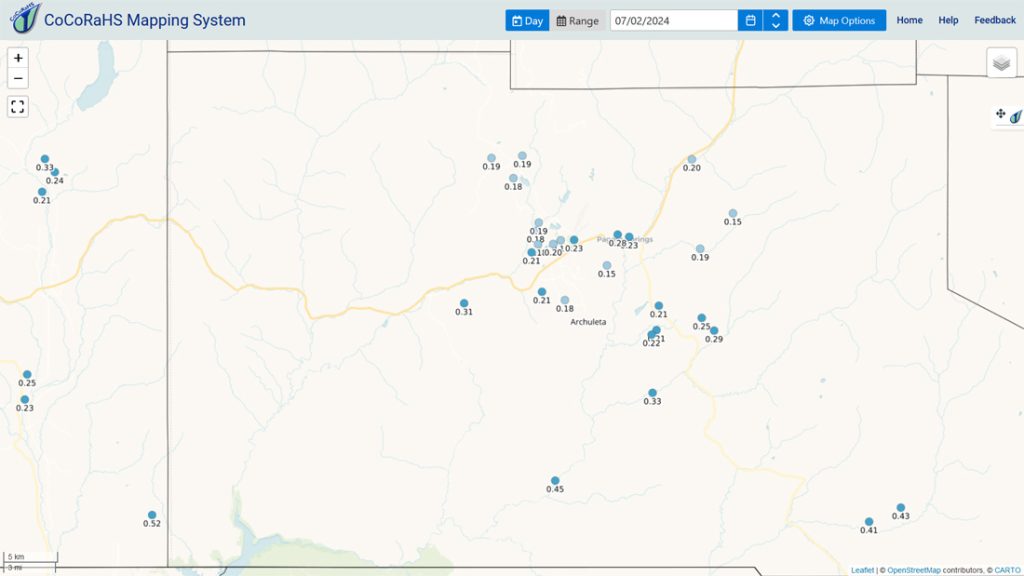 Dry and warm for a while… 1 CoCoRaHS 24-hour precip reports from yesterday, 2 Jul, ranged from 0.15” to 0.45”. Mike was the rain lottery near Trujillo.